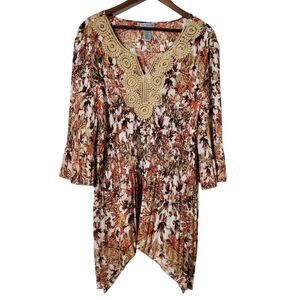 Catherines Pleated Tunic Top 2X Plus Tropical Hanky Hem Red Brown Career Womens